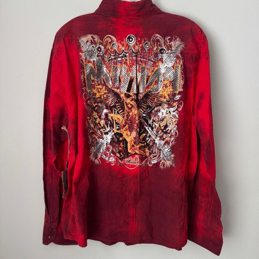 Vintage Y2K Mission Red Acid Wash Rockstar Sleaze Studded Graphic Shirt M NWT
